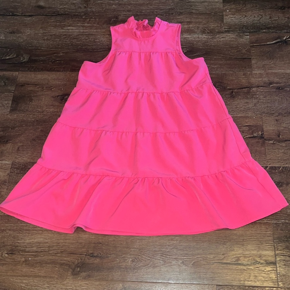 Mud Pie BRIGHT Pink Sleeveless Midi Ruffle Dress tie next MED LIKE NEW